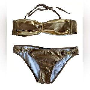 Iracema Scharf Luxury Brazilian Bikini Set S Gold Brown Bandeau Top & Bottom NWT